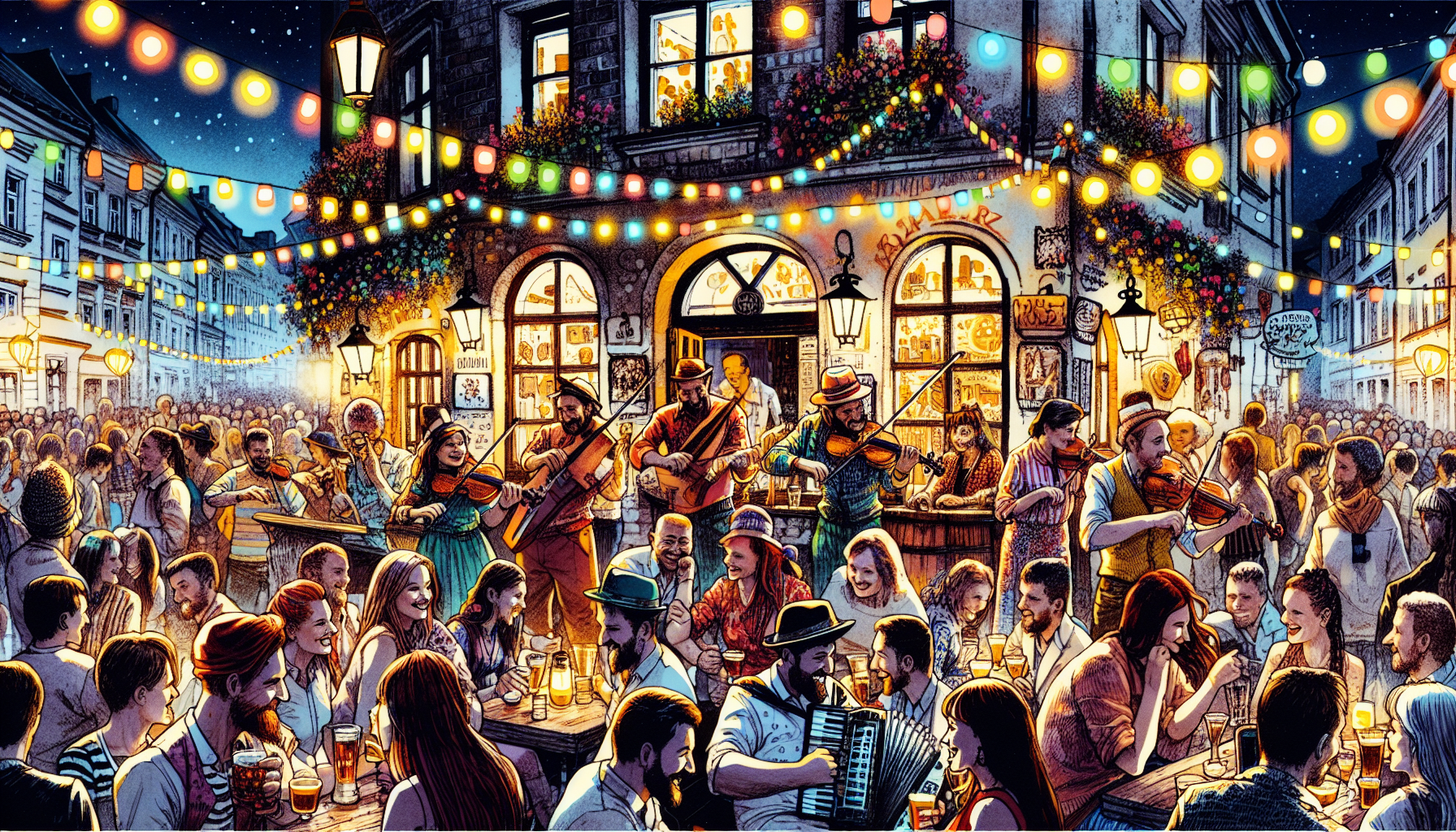 En travl nattelivsscene i Kazimierz, Krakow, med live musik og livlige barer.