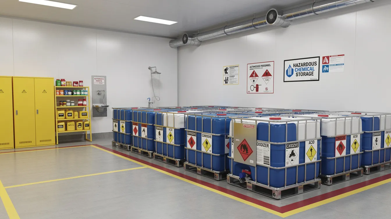 The image depicts a well-organized hazardous chemical storage area for water treatment, featuring clearly labeled storage cabinets for flammable liquids and toxic gases. Safety data sheets are prominently displayed, ensuring compliance with regulations and safety precautions for handling hazardous materials.