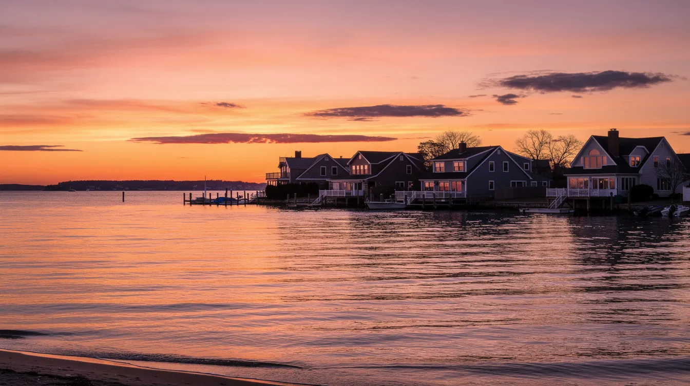 The image depicts a vibrant sunset over Long Island Sound, with the silhouettes of waterfront homes lining the shoreline. This scene captures the essence of coastal living, highlighting the beauty and potential of waterfront properties in Connecticut, where homeownership expenses such as property taxes and homeowners insurance are vital considerations for buyers.