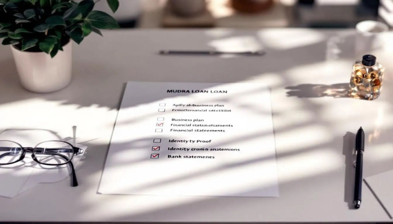 Tips for a successful mudra loan application with an image of a checklist on a desk.