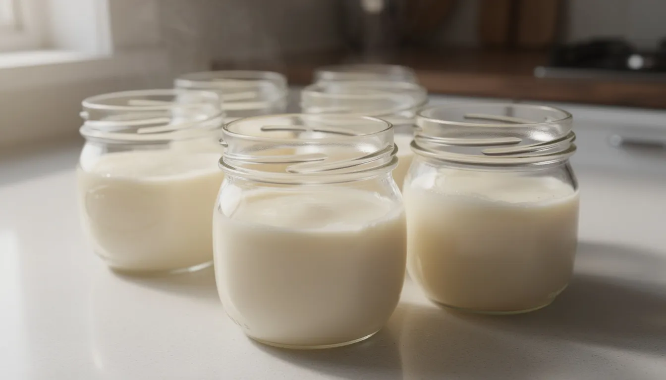 The image shows several glass jars filled with creamy white rendered beef tallow, cooling on a kitchen counter. The jars contain pure tallow, a type of animal fat, which is often used for cooking or skincare, and they are arranged neatly, showcasing the smooth texture of the finished tallow.