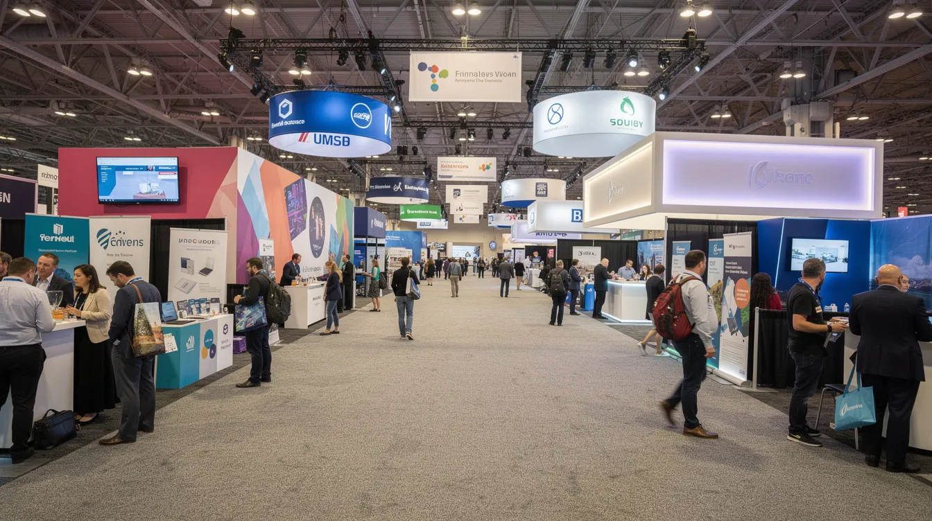 The image depicts a bustling trade show floor in a convention center, featuring vibrant booth displays and numerous attendees navigating through wide aisles. Colorful LED video walls and interactive displays enhance the visual impact of the event, showcasing various products and services to an engaged audience.