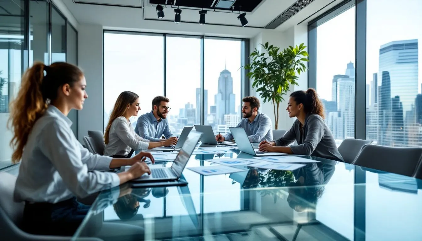 A professional team is collaborating in a modern office, surrounded by laptops and charts that display various marketing metrics. This dynamic environment highlights the importance of effective saas marketing strategies and teamwork in achieving business growth.