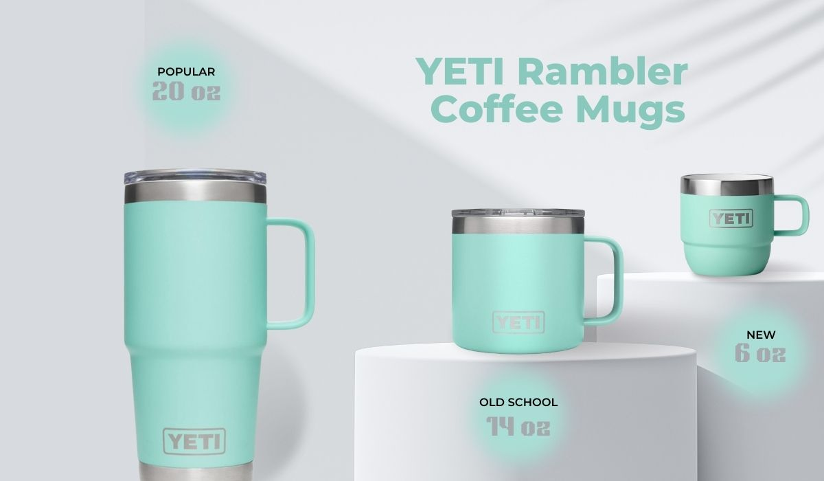 A selection of Yeti mugs and travel mugs