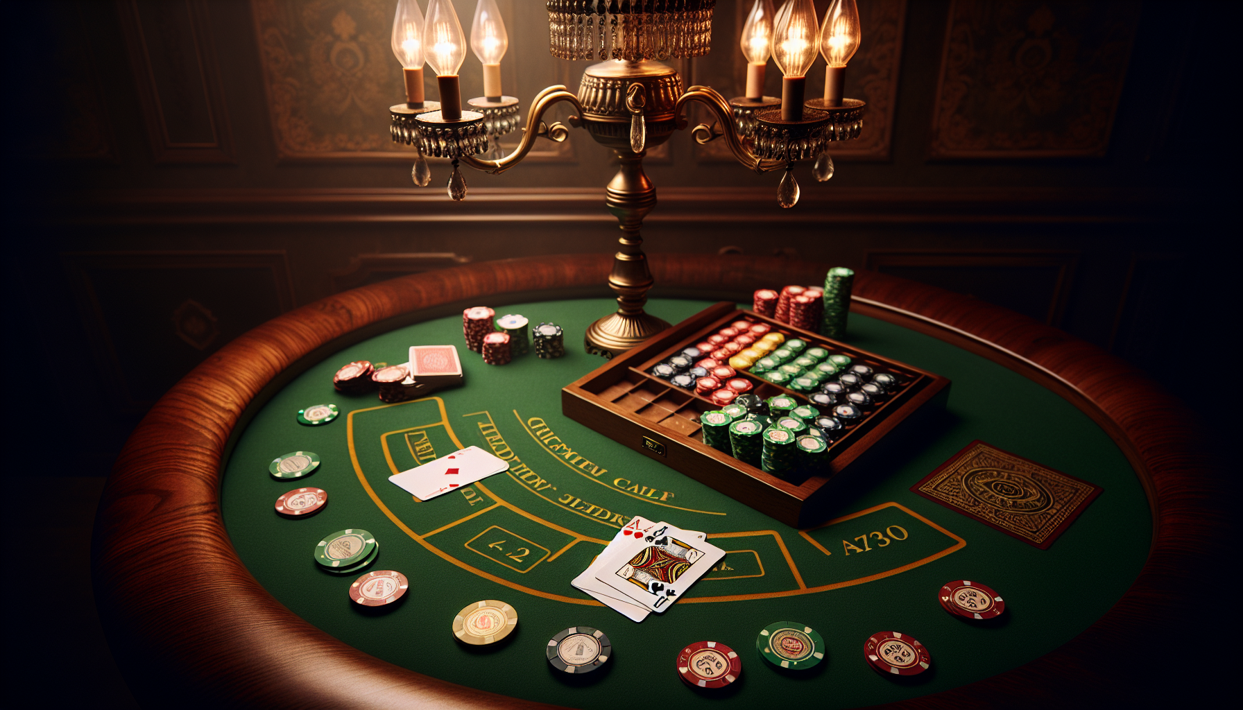 Illustration of blackjack table with cards and chips