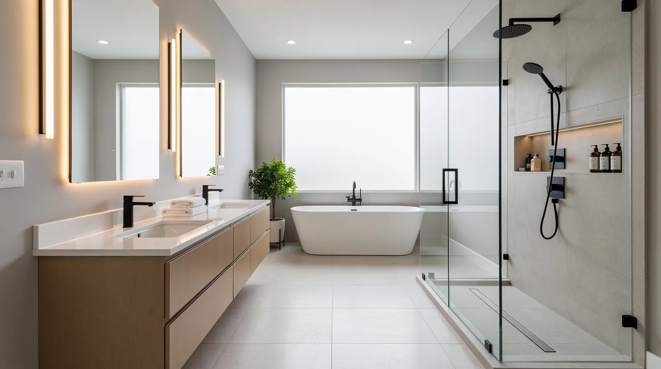 The image depicts a modern master bathroom featuring a spacious double vanity with luxury fixtures and a frameless glass shower enclosure. This sleek design highlights high-quality materials and a well-planned layout typical of a full bathroom remodel, ideal for a bathroom renovation project.