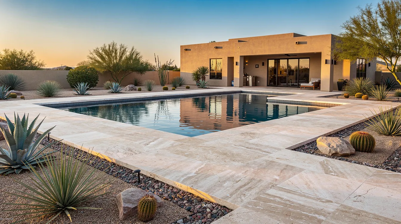 The image depicts a stunning backyard pool deck featuring cream-colored travertine pavers, surrounded by desert landscaping and a beautifully designed stucco home. The natural stone flooring creates an inviting outdoor space, perfect for relaxation and entertaining.