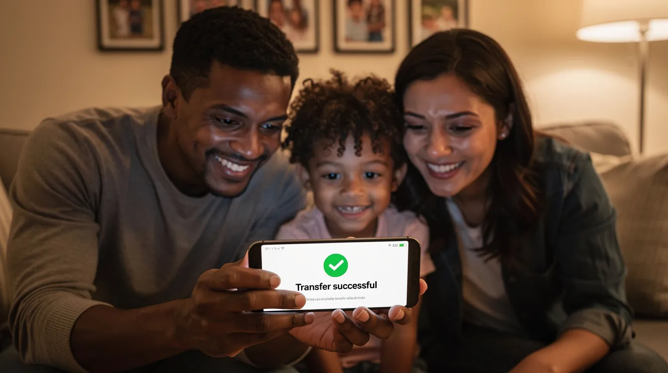 A family is gathered around a smartphone, excitedly looking at a money transfer confirmation displayed on the screen, showcasing the ease of digital payment solutions in the financial services industry. This moment highlights the growing role of fintech companies in facilitating secure and convenient financial transactions through mobile technology.
