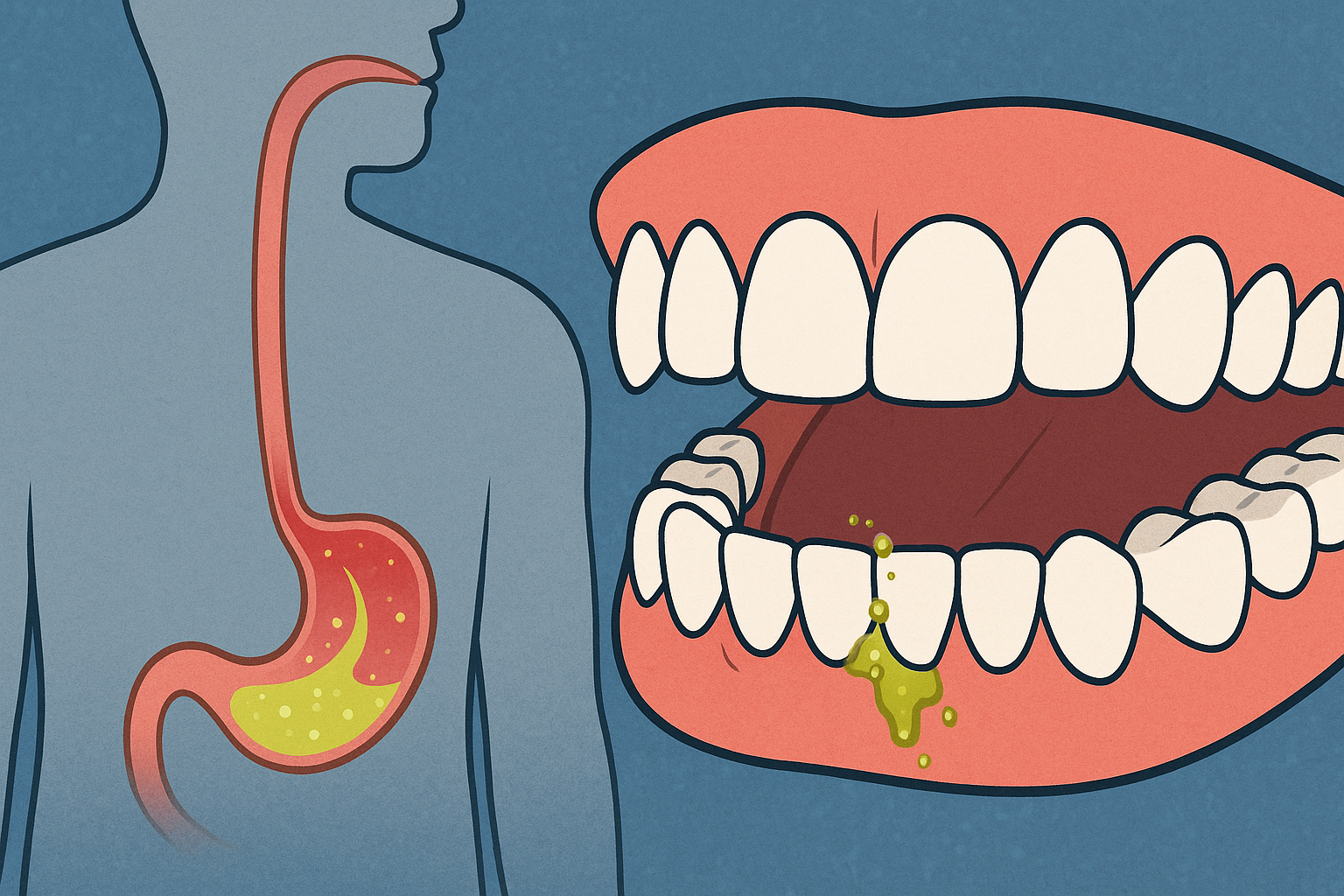 Sure Oppstøt og Tennene Dine: Den Usynlige Fienden i Magen 12 Illustrasjon som viser sammenhengen mellom magesyre og tannhelse med syre som skader tennene fra reflux.