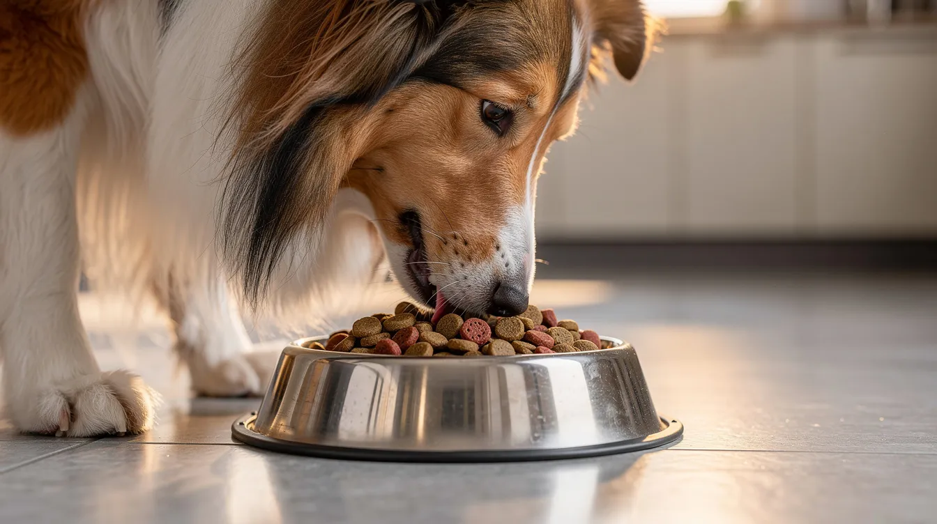 A rough collie is happily eating high-quality kibble from a dog bowl, showcasing its long, flowing coat and alert expression. This beloved dog breed, known for its strong herding instincts and trainable nature, enjoys its meal in a cozy home environment.