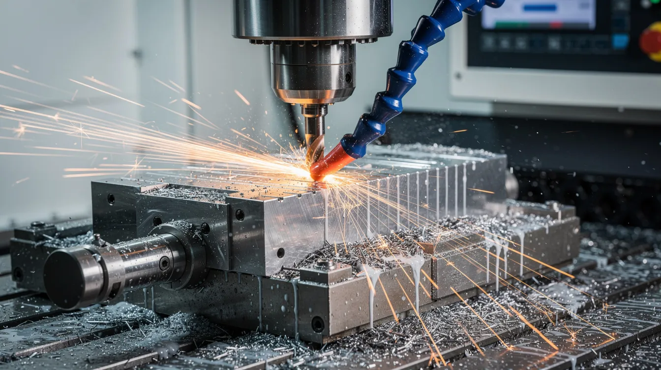 The image shows a CNC milling machine actively cutting a hardened steel die block, a crucial component in the die manufacturing process used to create precise metal forms. This specialized machine tool is essential for producing multiple identical dies for various manufacturing industries, including automotive and metal stamping.