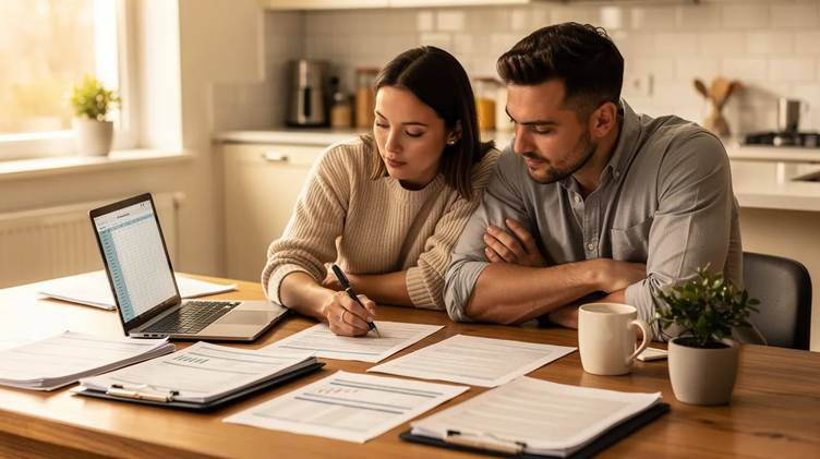 A couple is sitting at a kitchen table, focused on reviewing financial documents related to their mortgage. They are discussing their current mortgage deal, including monthly payments and potential remortgage options to secure a better rate.