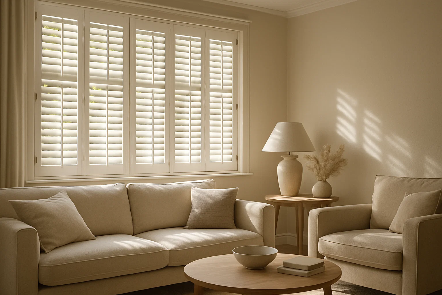 Light filtering through white plantation shutters in a UK living room