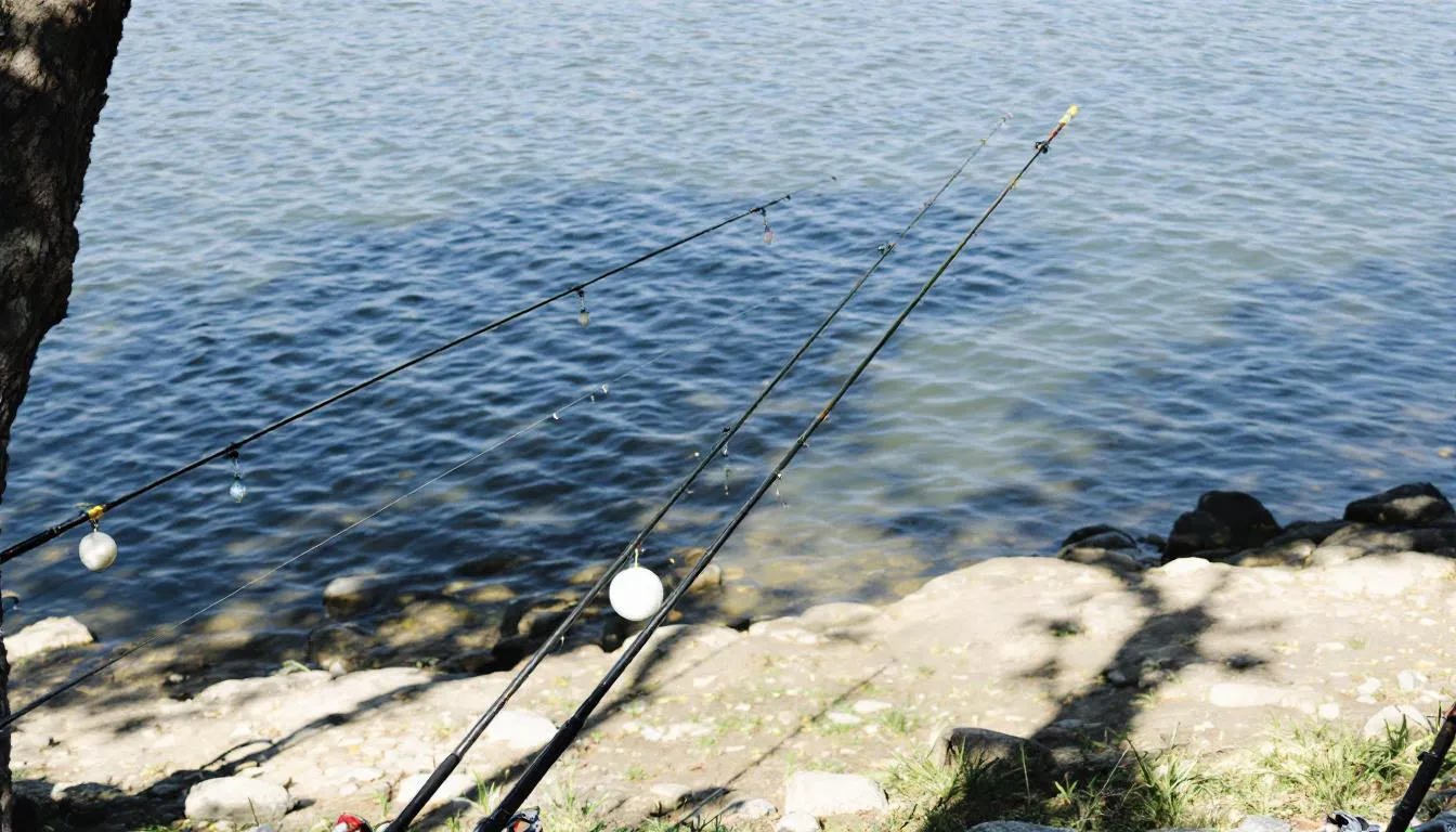 Na zdjęciu znajduje się stanowisko karpiowe z trzema wędkami oraz sygnalizatorami brań, które pełnią rolę wskaźników aktywności ryb. W tle widoczna jest powierzchnia wody, co sugeruje, że miejsce to jest idealne do efektywnego łowienia ryb.