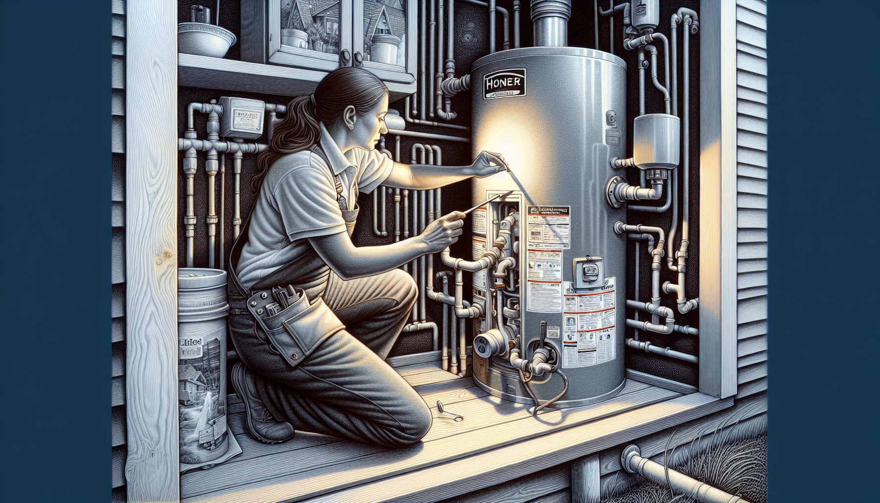 Illustration of a professional plumber installing a water heater in a Boise home