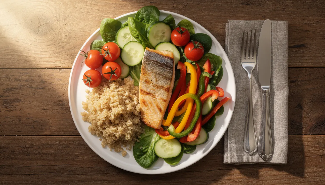 Une assiette colorée présente des légumes frais, un poisson grillé, et du quinoa, le tout disposé sur une table en bois, illustrant un exemple de menu équilibré et sain pour un repas nutritif. Cette composition met en avant des aliments riches en nutriments, parfaits pour maintenir une alimentation saine au quotidien.