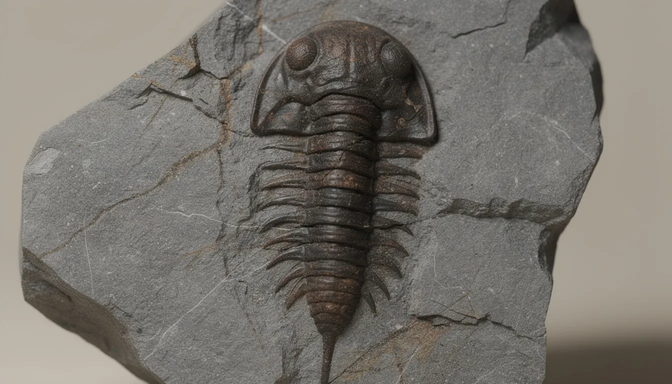 The image shows a detailed fossil trilobite specimen, a type of marine invertebrate, intricately preserved in grey stone. This ancient animal species, part of the invertebrate zoology field, showcases the incredible diversity and evolutionary history of invertebrates.