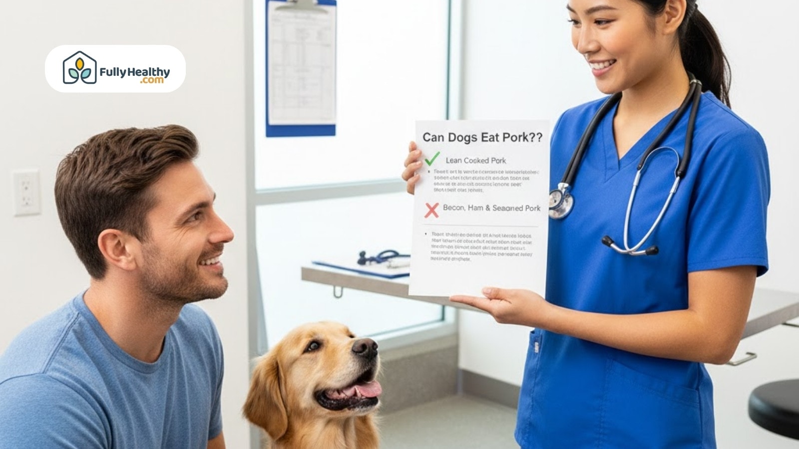 Veterinarian showing dog owner safe and unsafe pork options for dogs