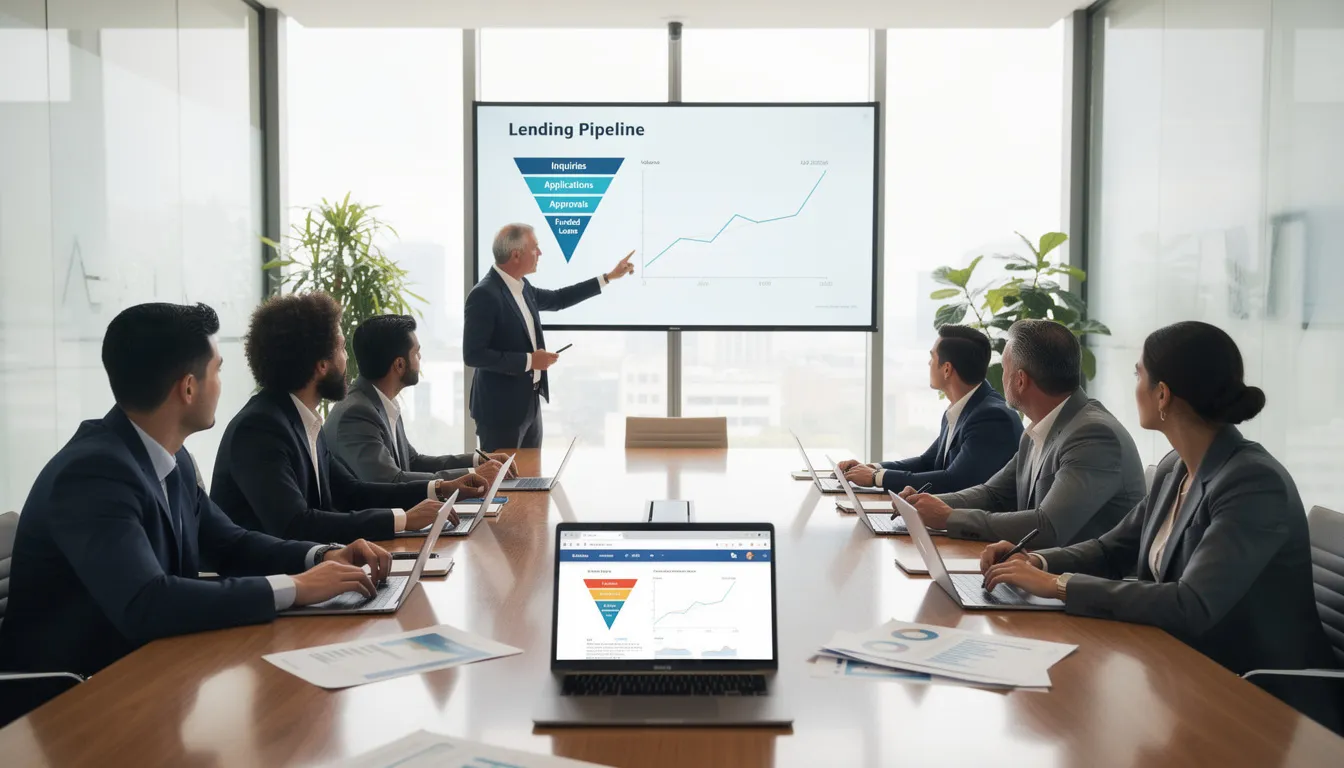 A diverse business team is engaged in a meeting within a modern conference room, discussing strategies to improve their lending pipeline performance amidst a tough market. They are analyzing credit reports and exploring methods like the snowball and avalanche methods to help borrowers manage multiple debts and achieve profitable growth.