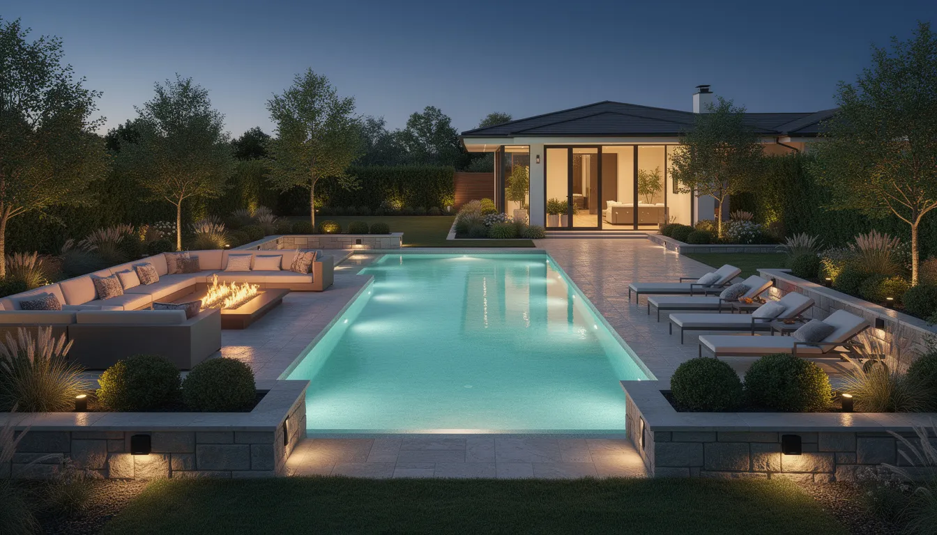 The image depicts a luxurious backyard featuring a sparkling pool, an elegant outdoor seating area, and integrated landscape speakers, showcasing the importance of smart home pre wiring for a seamless smart home experience. This setup highlights the potential for future upgrades and home automation, ensuring homeowners can enjoy advanced technology in their outdoor space.