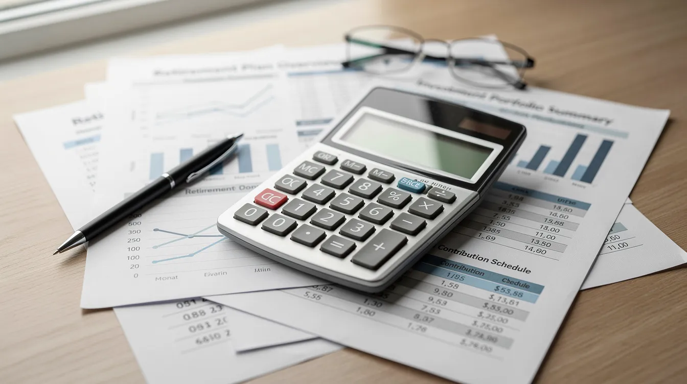 The image shows a calculator resting on a stack of financial statements and retirement planning documents, highlighting the importance of understanding required minimum distributions (RMD) for retirement accounts. These documents likely include information on various retirement plans, such as traditional IRAs and employer-sponsored plans, essential for effective retirement savings and tax planning.