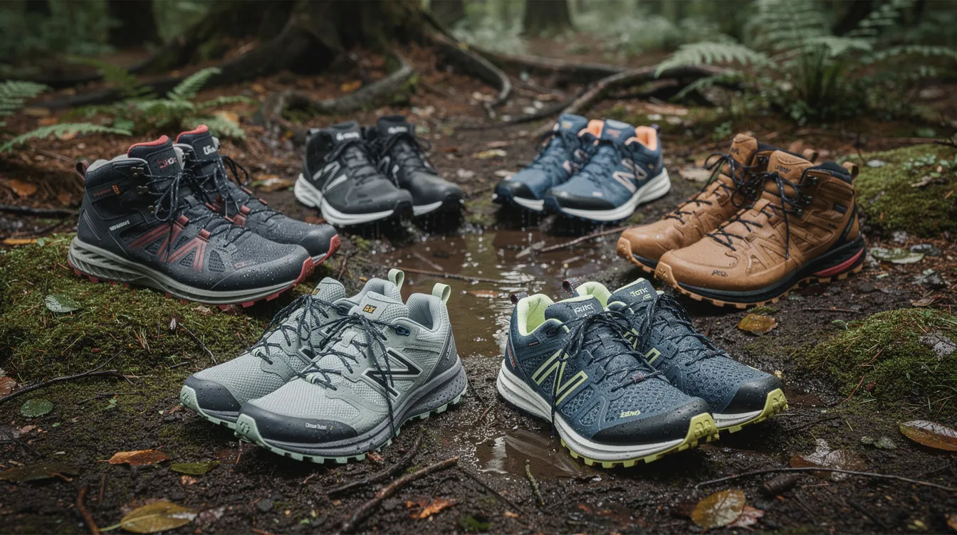 The image shows multiple pairs of waterproof hiking shoes and trail running shoes arranged on a wet forest floor, highlighting their durable water repellent features and rugged designs suitable for muddy trails and uneven terrain. The shoes vary in style and color, showcasing options for both serious hiking and everyday wear in wet conditions.