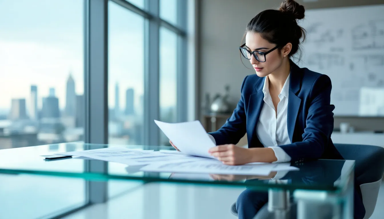 A female architect is intently reviewing architectural plans in a modern office setting, showcasing her unique skills and commitment to success in the architecture profession. This scene highlights the importance of diversity and representation in leadership roles within the industry, as women continue to pursue their career goals despite the challenges of the gender pay gap.