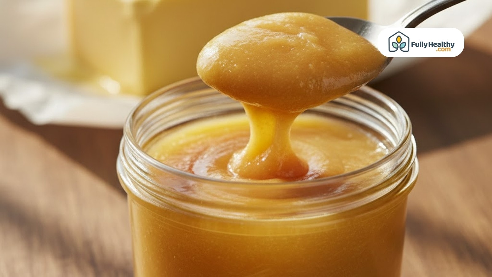 Spoon lifting thick golden ghee from glass jar