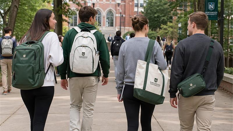 Branded backpacks, canvas tote bags, and crossbody bags, displayed for college students in various campus environments, highlighting durability and practical design for carrying essentials.