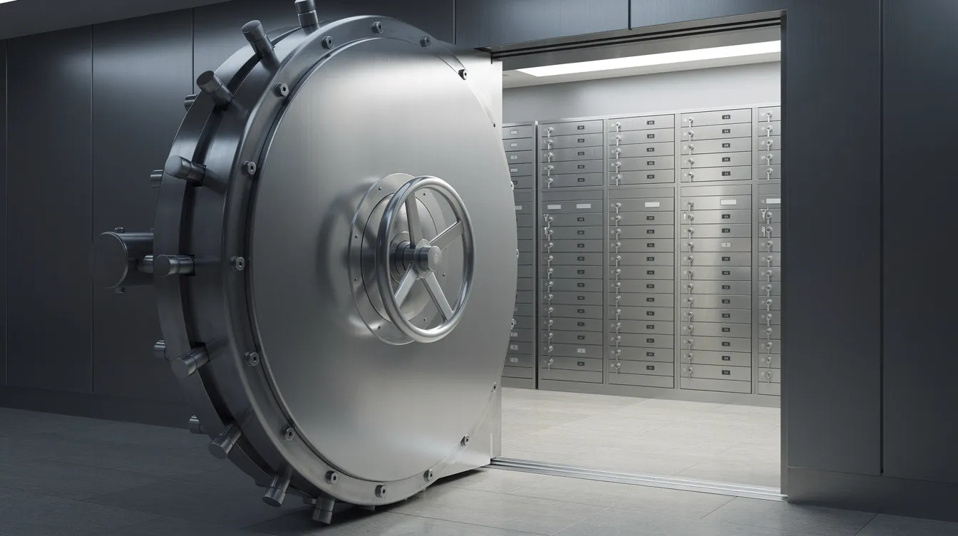 The image features a secure vault door, prominently displaying safety deposit boxes filled with gold and silver coins, symbolizing the importance of safeguarding precious metals for retirement savings. This secure environment reflects the trusted services provided by precious metals companies and the benefits of investing in physical precious metals for retirement accounts.