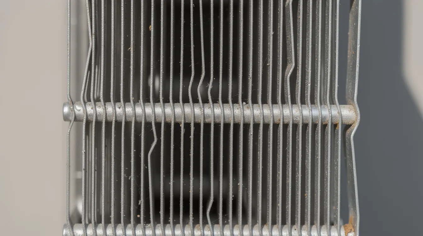 A close-up view of the aluminum condenser coil fins on an outdoor air conditioning unit, showcasing the intricate design that facilitates heat transfer in the cooling process. This essential component of the air conditioning system helps absorb heat from the refrigerant, contributing to the overall cooling efficiency of the HVAC system.