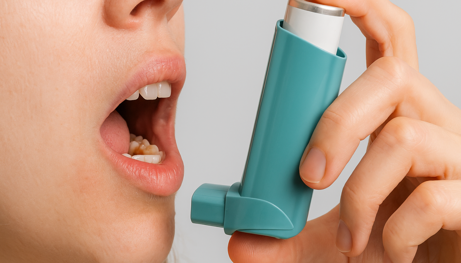 En kvinne holder en inhalator foran munnen, med synlige tannkjøttproblemer som illustrerer sammenhengen mellom astma og tannhelse.