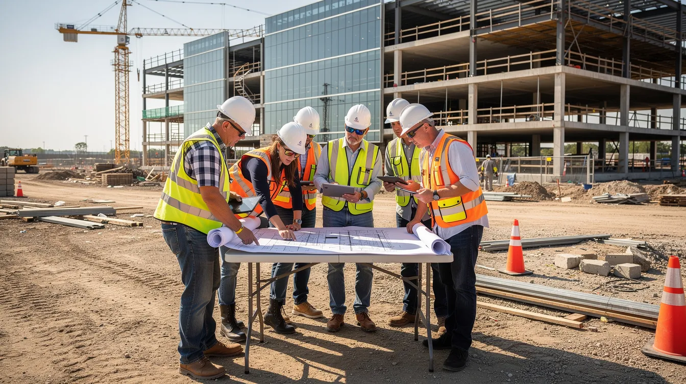 A group of construction professionals is gathered on a commercial jobsite, reviewing project documents with a partially completed building in the background. This scene highlights the collaboration essential for taxpayer-funded construction projects and the importance of adhering to construction contracts and prevailing wage laws.