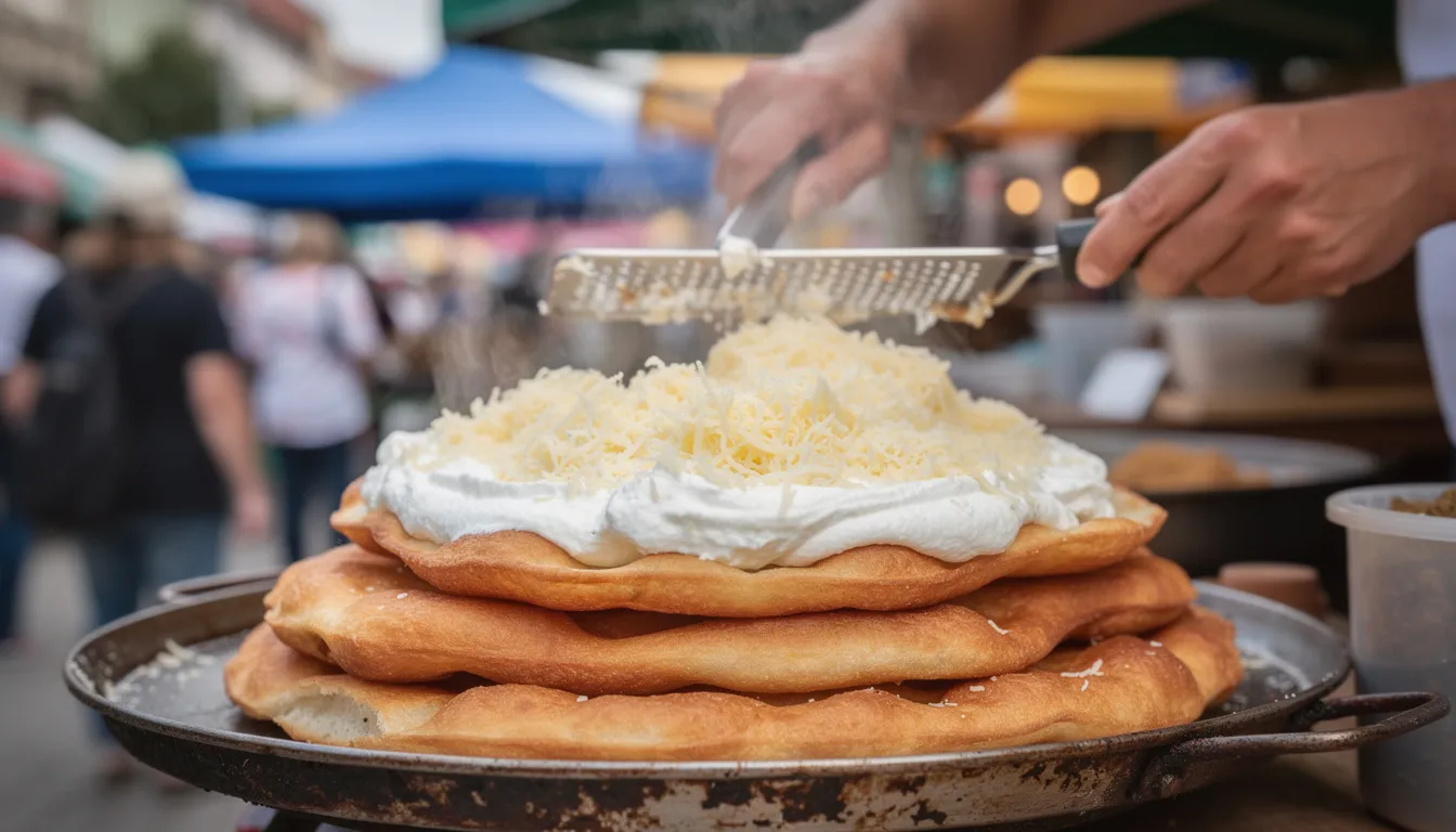 A delicious serving of fresh lángos, a quintessential Hungarian dish, is topped generously with sour cream and cheese, showcasing the crispy crust of this famous Hungarian street food. The market stall setting adds to the vibrant atmosphere, inviting visitors to indulge in traditional Hungarian cuisine.