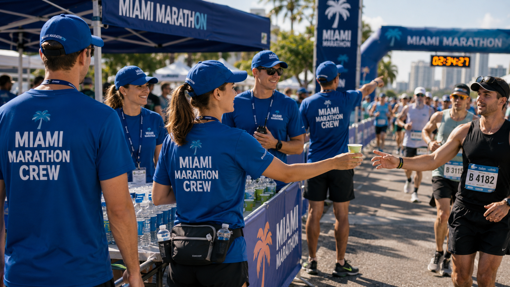 Marathon event staff wearing branded T-shirts and caps while assisting runners at a refreshment station