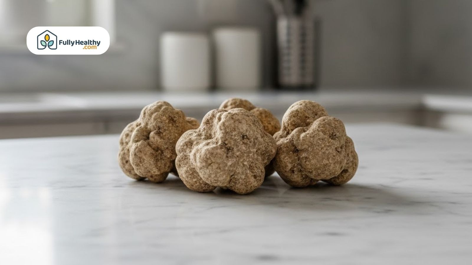 Close-up of fresh white truffles on marble.