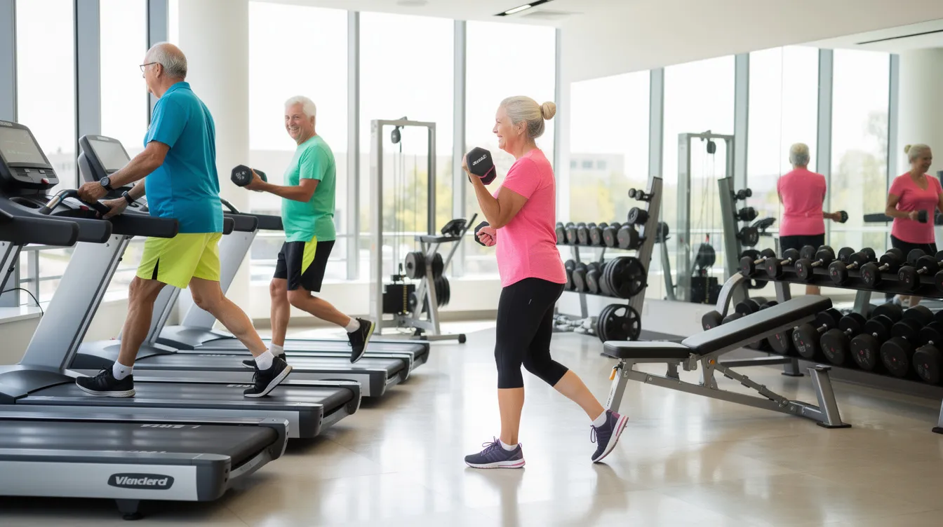 The image depicts active older adults engaging in exercise at a modern gym, surrounded by various cardio equipment and weights, showcasing their commitment to maintaining aerobic fitness and combating metabolic syndrome. Their participation highlights the importance of exercise training in enhancing vascular insulin sensitivity and overall health as they age.