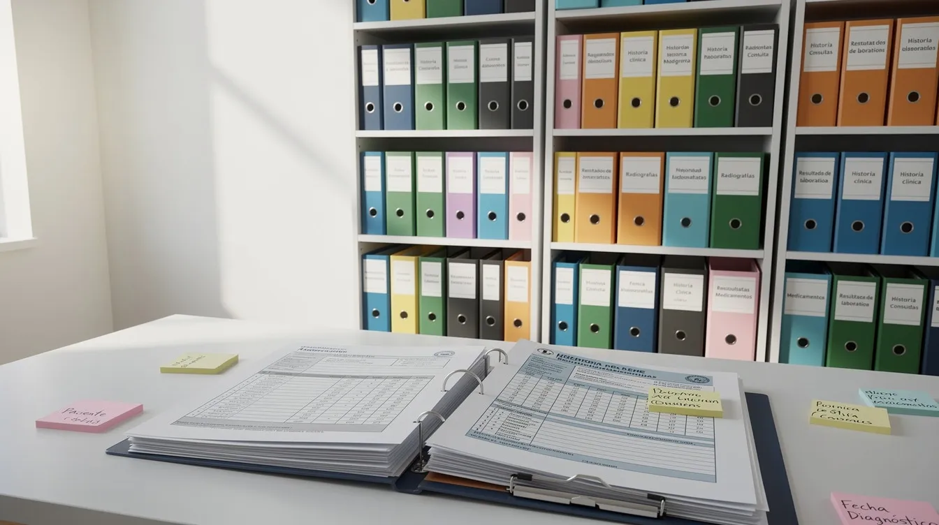 La imagen muestra una serie de carpetas organizadas que contienen documentos médicos relacionados con lesiones personales, incluyendo facturas médicas y registros de tratamientos. Estos documentos son esenciales para la reclamación de compensación por dolor y sufrimiento tras un accidente.