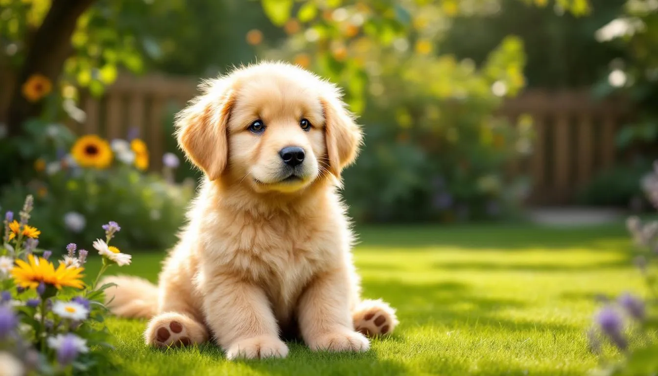 A fluffy teddy bear goldendoodle puppy with a rounded face and a soft cream-colored coat sits contentedly in a sunny garden, surrounded by vibrant greenery. This family pet exudes a cheerful personality, perfect for families and children alike.