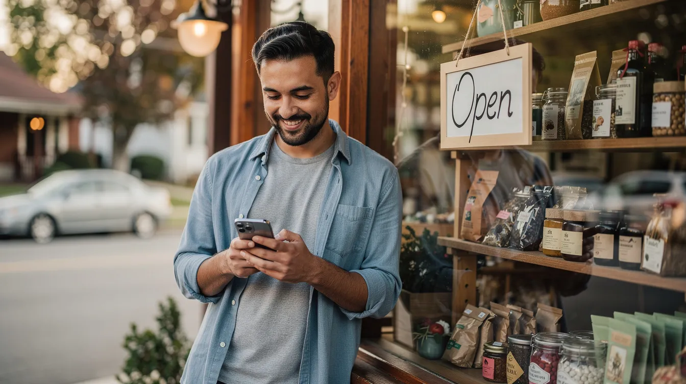 6885125c 2161 489e ad91 3702a332942a A small business owner stands outside their neighborhood shop, checking a message on their mobile phone, likely related to their business operations or financial assistance. This moment captures the essence of entrepreneurship, where individuals engage with financial institutions to manage loans and sustain their micro enterprises.