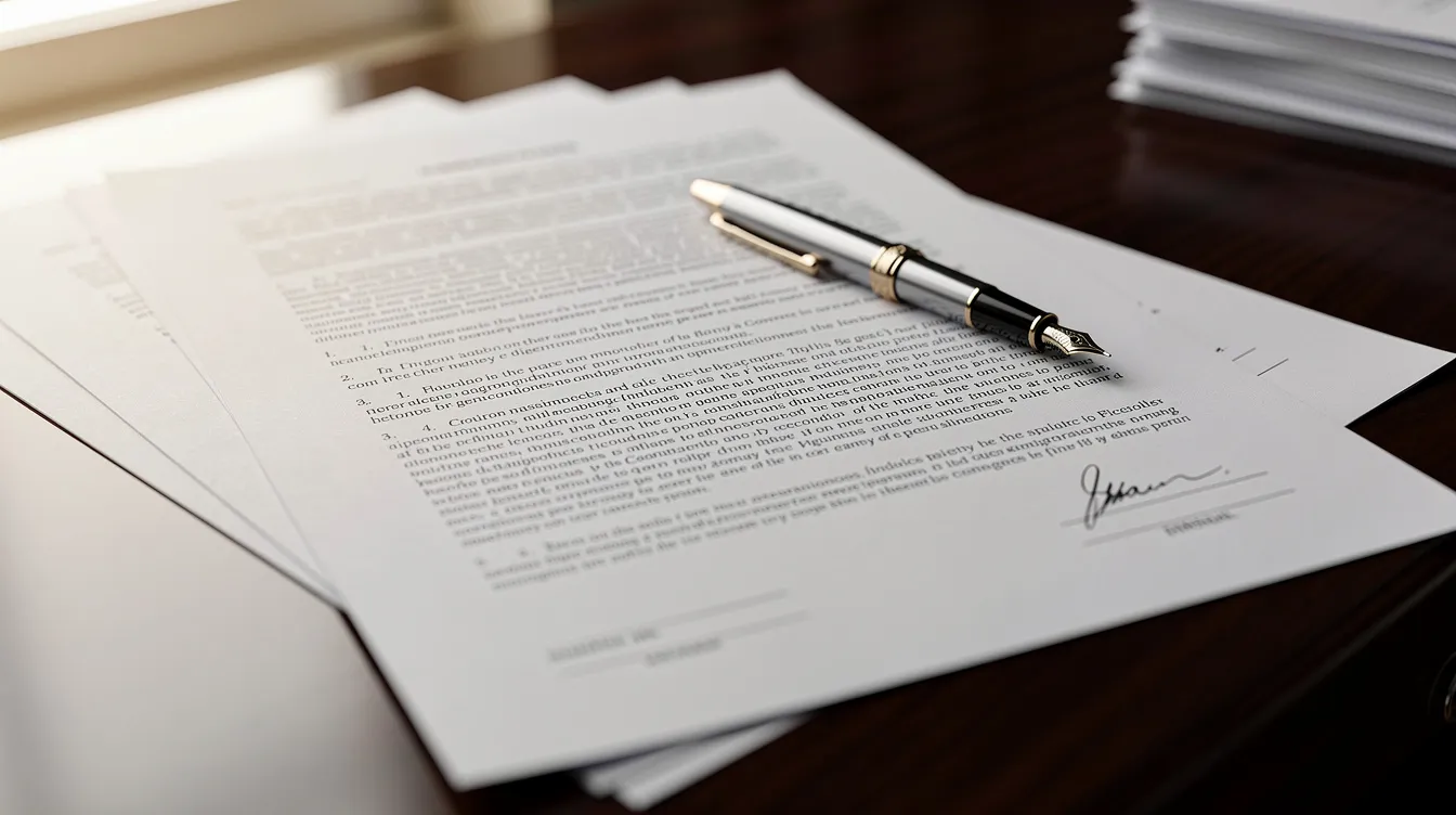 The image features a collection of legal documents and a pen neatly arranged on a wooden desk, symbolizing the important role of estate planning attorneys in managing legal matters related to estate administration and planning. This setup reflects the professional environment of a law firm dedicated to assisting clients with their estate planning documents and future legal needs.