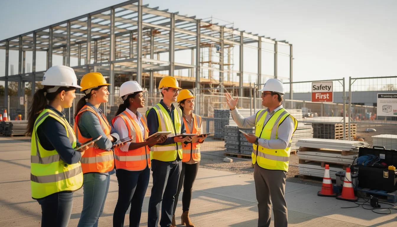 A diverse group of students wearing hard hats attentively listens to an instructor at a construction training facility, highlighting the importance of education and skills development in the construction industry. This scene reflects the commitment to professional development and the rewarding career opportunities available in construction management.