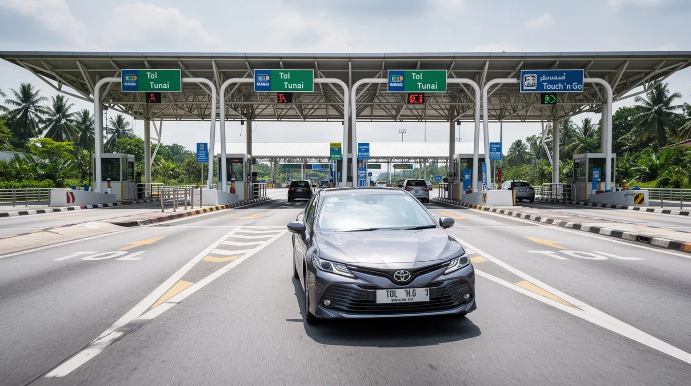 A car is driving through a modern highway toll plaza in Malaysia, where digital payments are facilitated, highlighting the convenience of cashless transactions. The scene reflects the integration of technology in everyday travel, showcasing the use of e wallets for quick and secure payments.