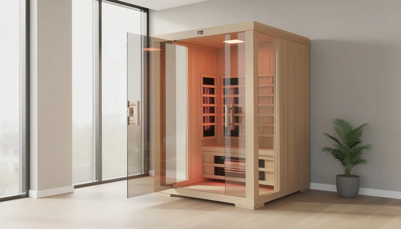 A modern infrared sauna cabin is showcased in a bright room, featuring visible heater panels and constructed from sustainable sauna materials like western red cedar. The minimalist design emphasizes energy efficiency and the health benefits of sauna use, creating a wellness space that promotes natural beauty and eco-friendly living.