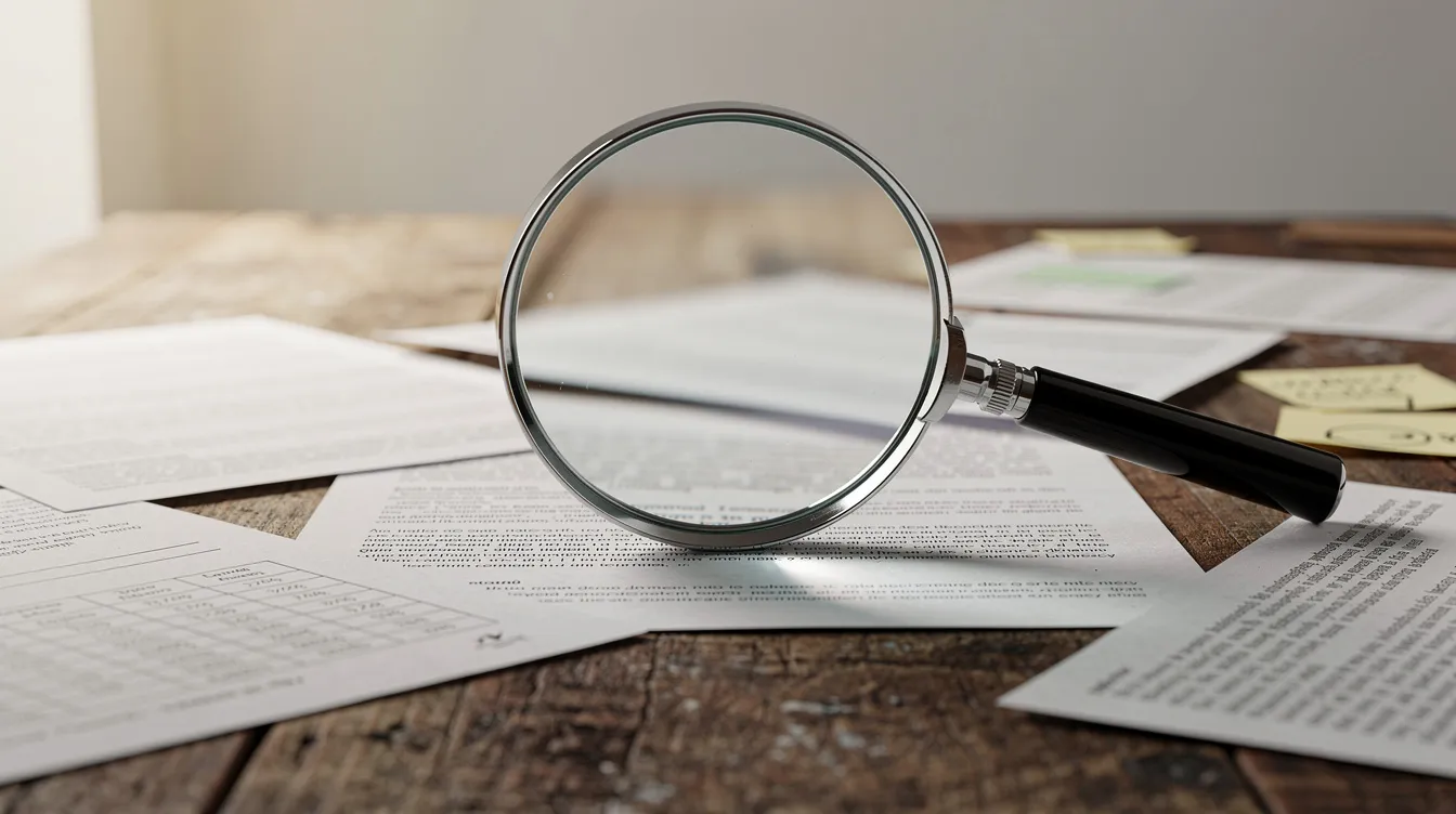 The image depicts a magnifying glass hovering over a collection of scattered paper documents on a wooden desk, representing the concept of information retrieval and search. This visual metaphor highlights the importance of data quality and the role of generative AI in processing and extracting relevant information from large datasets.