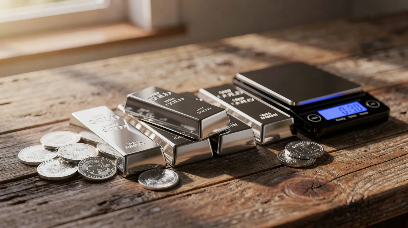 The image features neatly arranged silver bullion bars and rounds on a wooden tabletop, accompanied by a small digital scale, highlighting the value and weight of these precious metals for security verification and investment purposes.