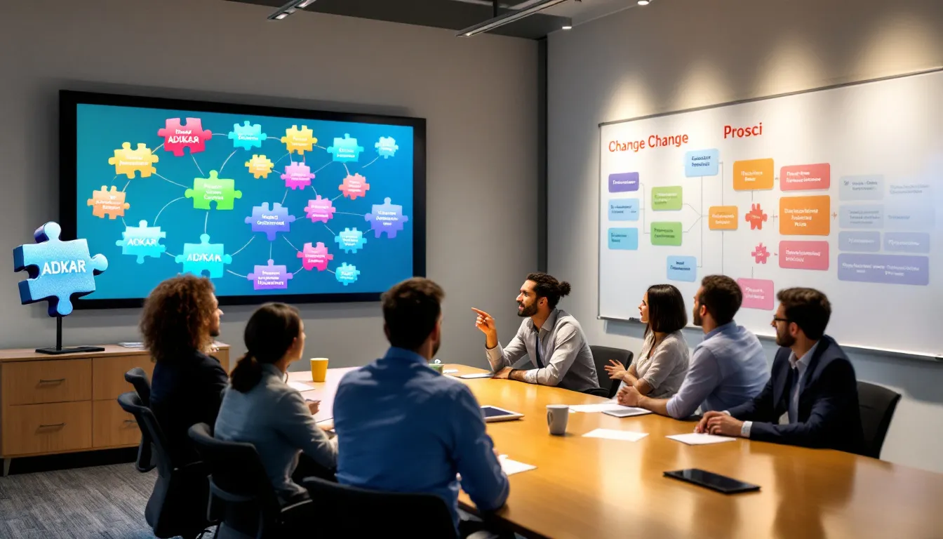 A visual representation of various change management models being discussed in a meeting.