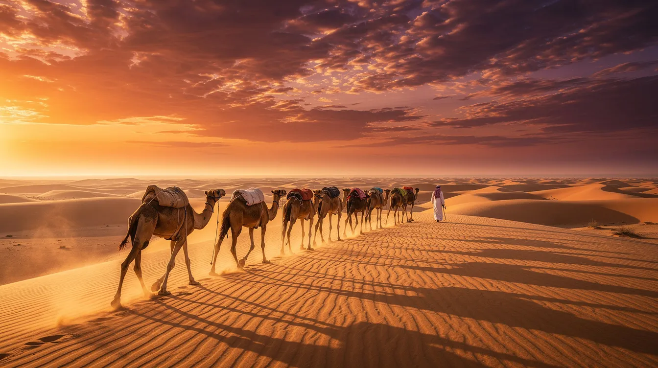 A caravan of camels walks gracefully across the golden sand dunes of the Sahara Desert at sunset, with a dramatic sky casting vibrant colors above. This scene captures the essence of shared desert tours from Marrakech, offering an unforgettable journey through Morocco's stunning landscapes.