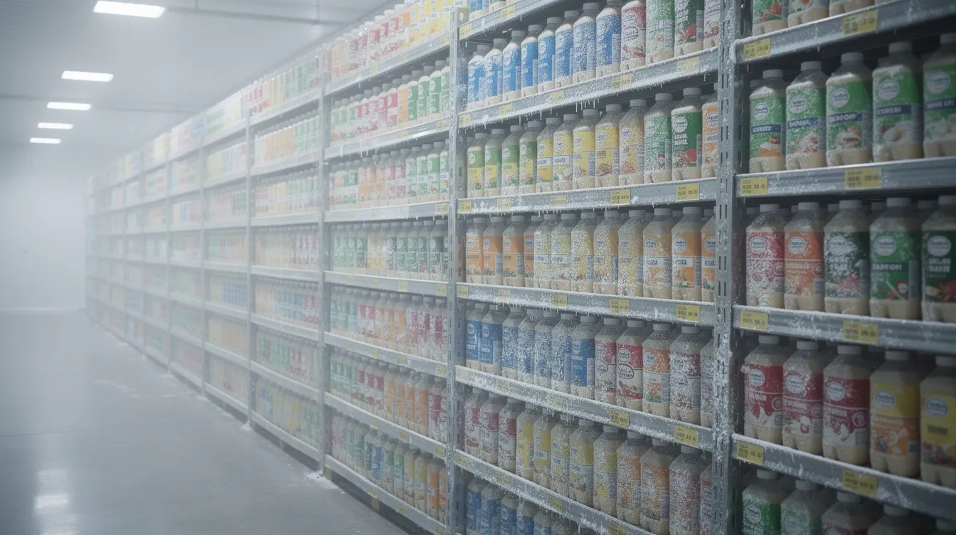 688f3822 7538 4dc6 8d09 43c75069a9a8 A cold storage facility showcases rows of colorful packaged dairy beverages neatly arranged on shelving, highlighting the importance of effective working capital management in the dairy industry. This organized inventory reflects the financial performance and working capital requirements essential for milk producers and dairy cooperatives.