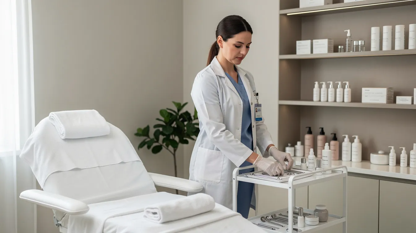 An aesthetic provider is seen preparing a treatment room for a liquid BBL treatment, which offers a non-surgical alternative to traditional Brazilian butt lift surgery. The room is organized with various tools and injectable dermal fillers, emphasizing a focus on achieving natural-looking results and enhancing the body's natural collagen production.